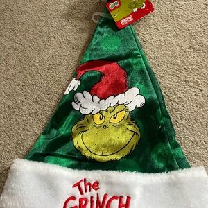 Grinch pajama pants, neck tie, slippers, hats